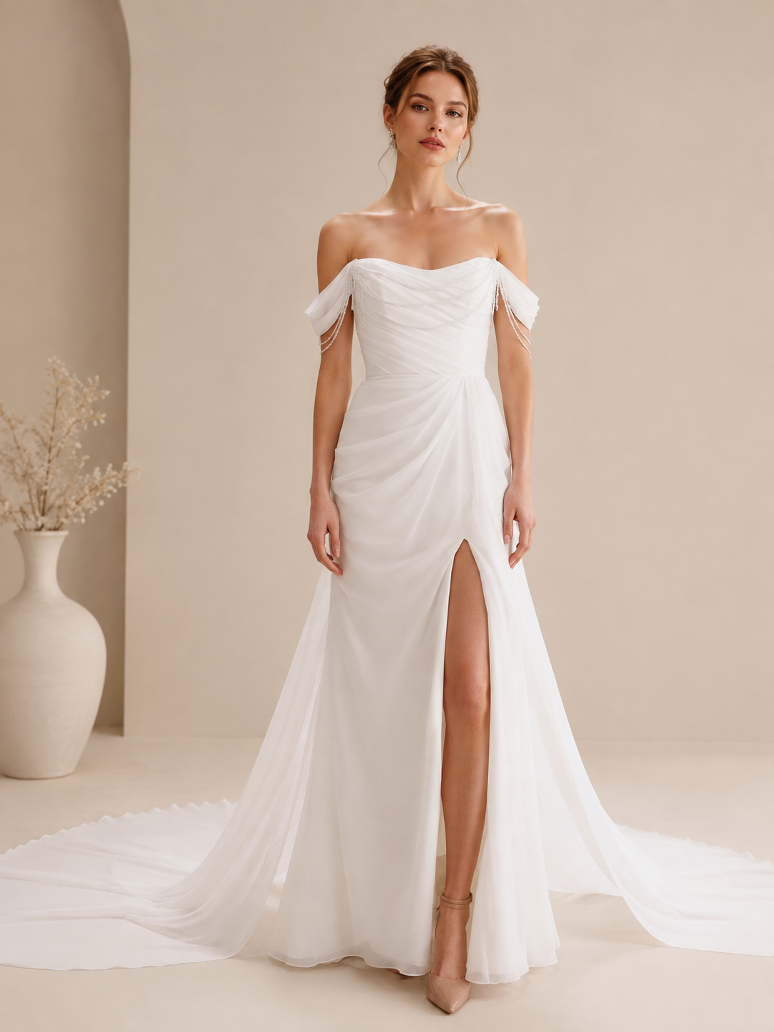 White Off-the-Shoulder Beaded Draped Chiffon Slit Wedding Dress 