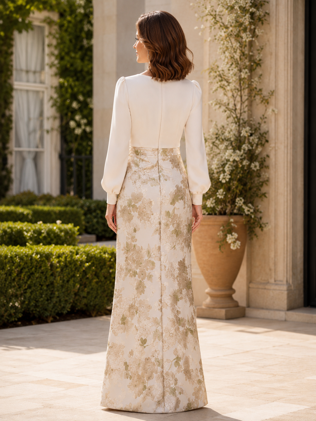Champagne Brocade Long-Sleeve High Slit Sheath Maxi Mother of the Bride & Groom Dresses 