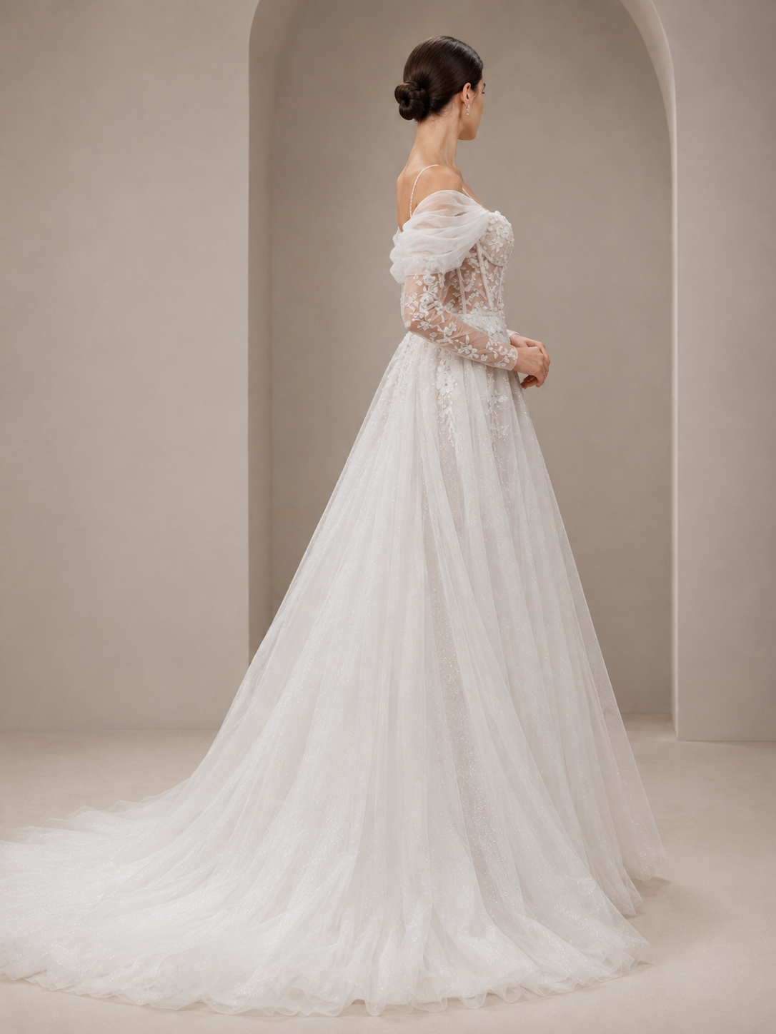 White Corset-Bodice Glitter Tulle High Slit A-Line Wedding Dress 