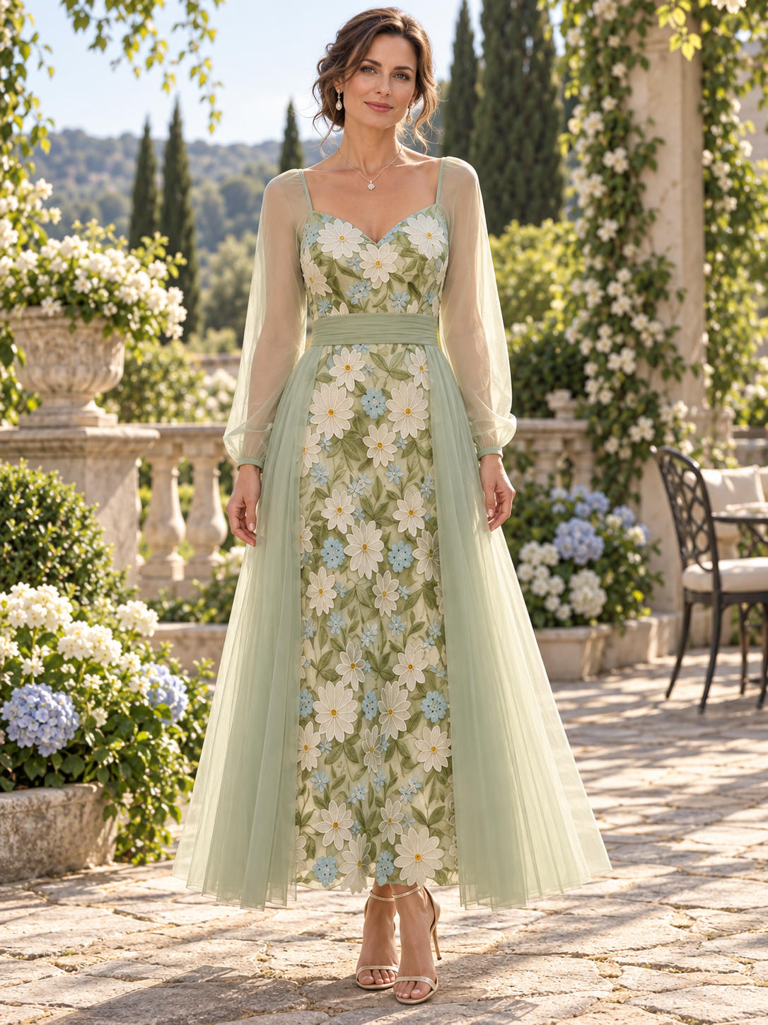 Ethereal Sage Green Floral Embroidered Tulle Maxi Mother of the Bride & Groom Dresses 