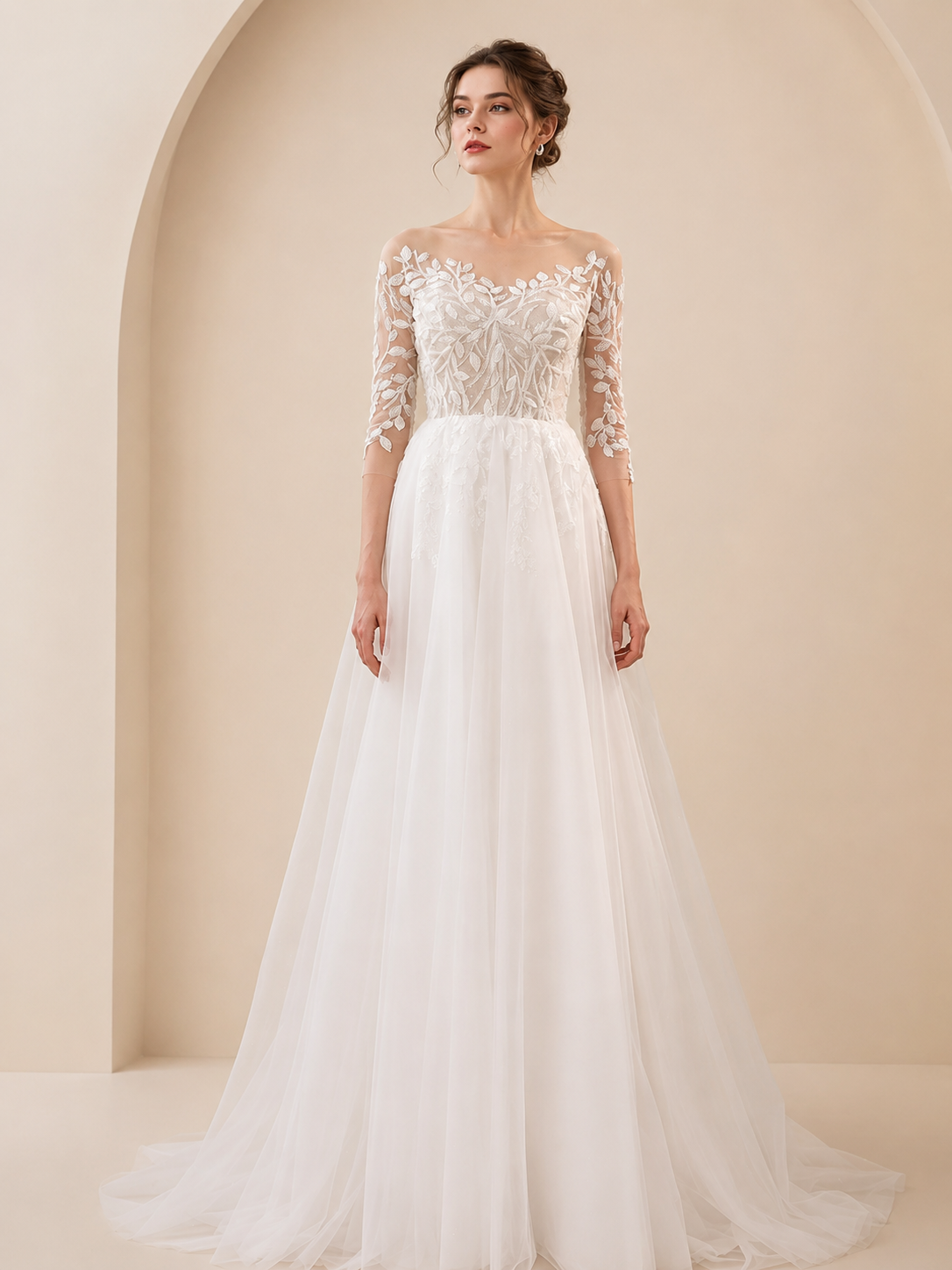 White Illusion Scoop-Neck Lace A-Line Wedding Dress 