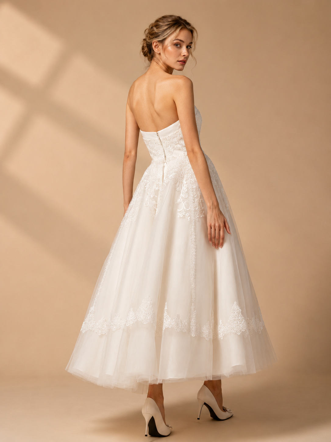 White Strapless Lace-Trimmed A-Line Midi Wedding Dress 