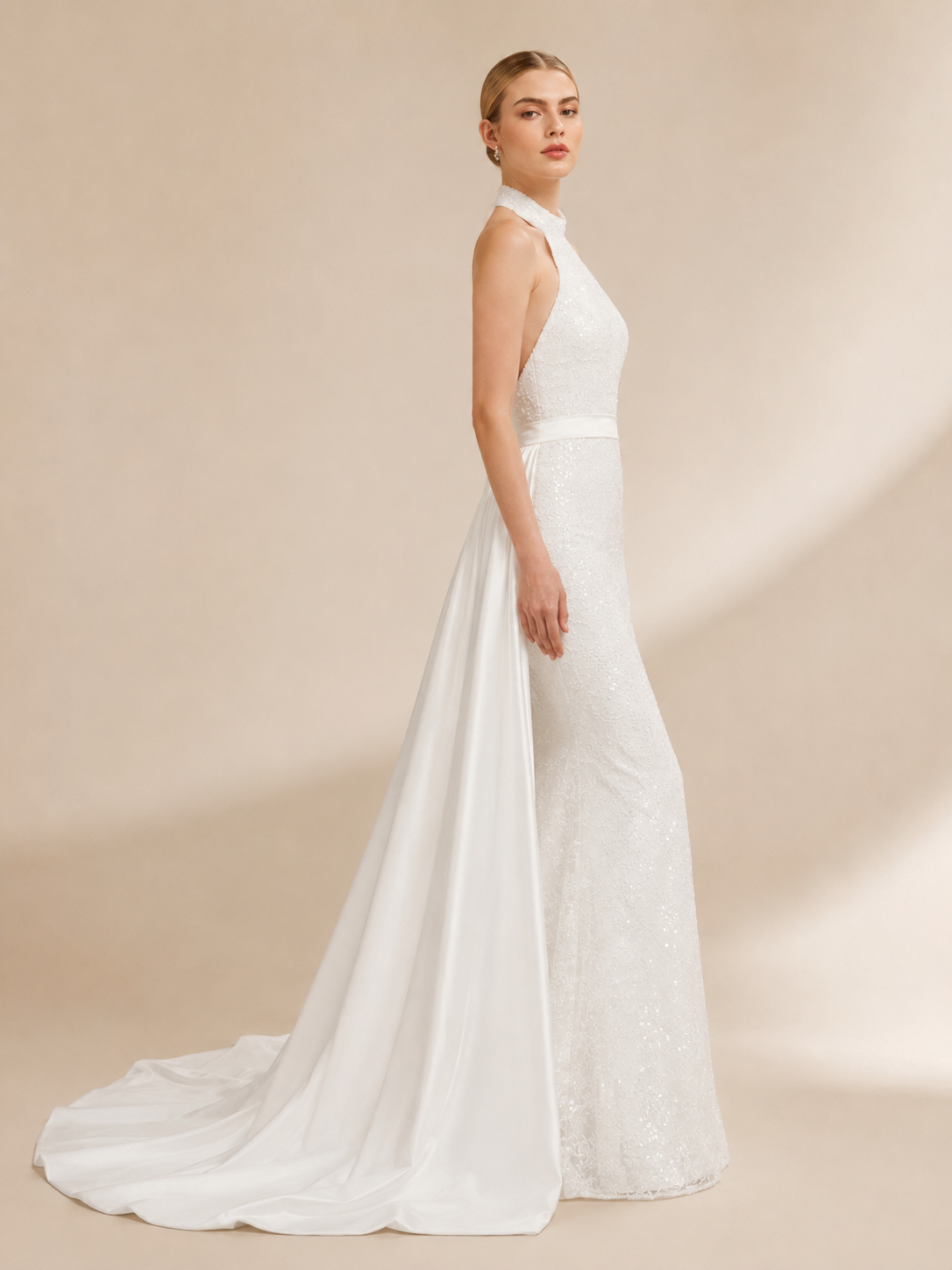 White Halter Beaded Sequin Mermaid Wedding Dress 