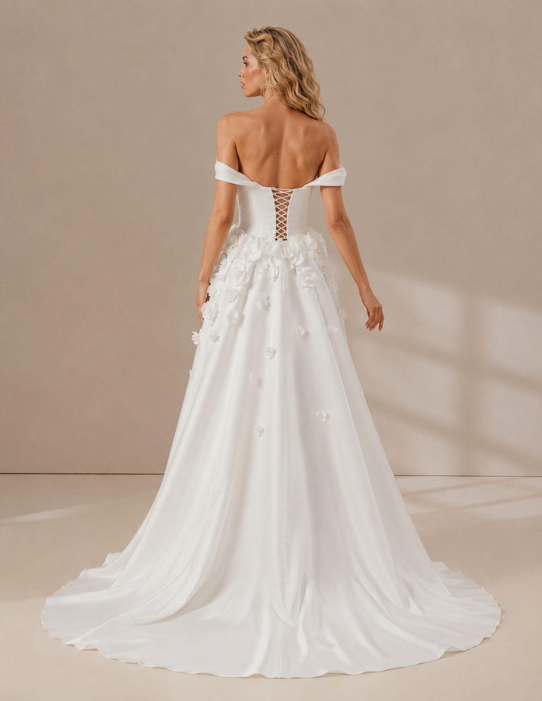 White Floral-Accented Off-the-Shoulder A-Line Wedding Dress