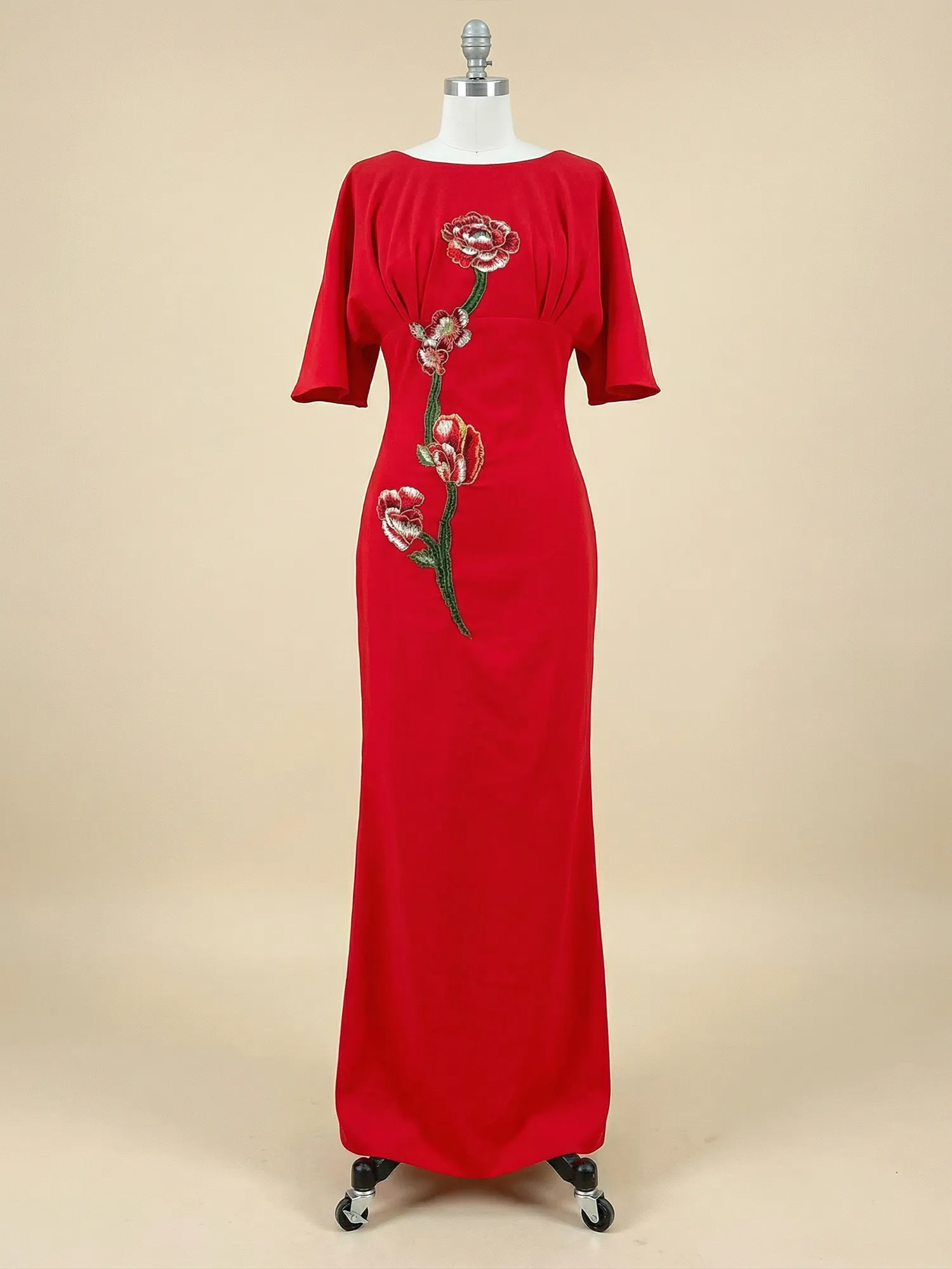 Floral Embroidered Boat Neck Batwing Sleeve Column Evening Gown