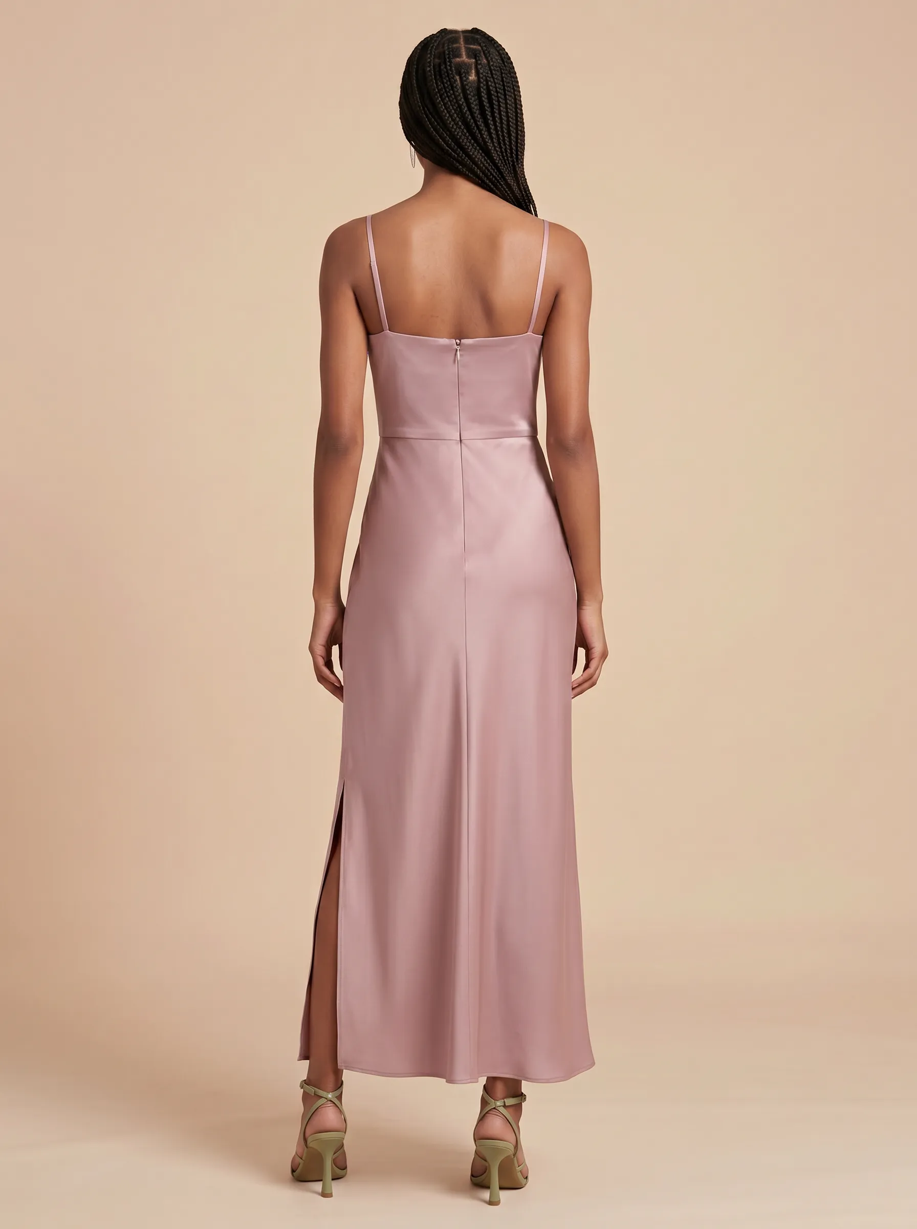 Dusty Rose Spaghetti Strap Cowl Neck Satin Bridesmaid Midi Dress with Slit