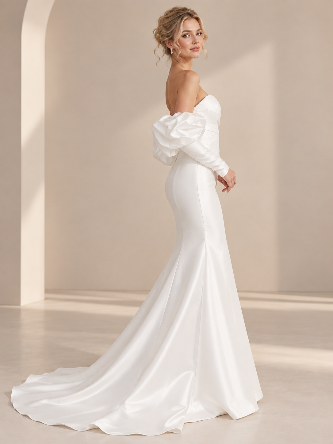 Luminous Off-The-Shoulder Puff Sleeve Satin Sweetheart Mermaid Wedding Dress 