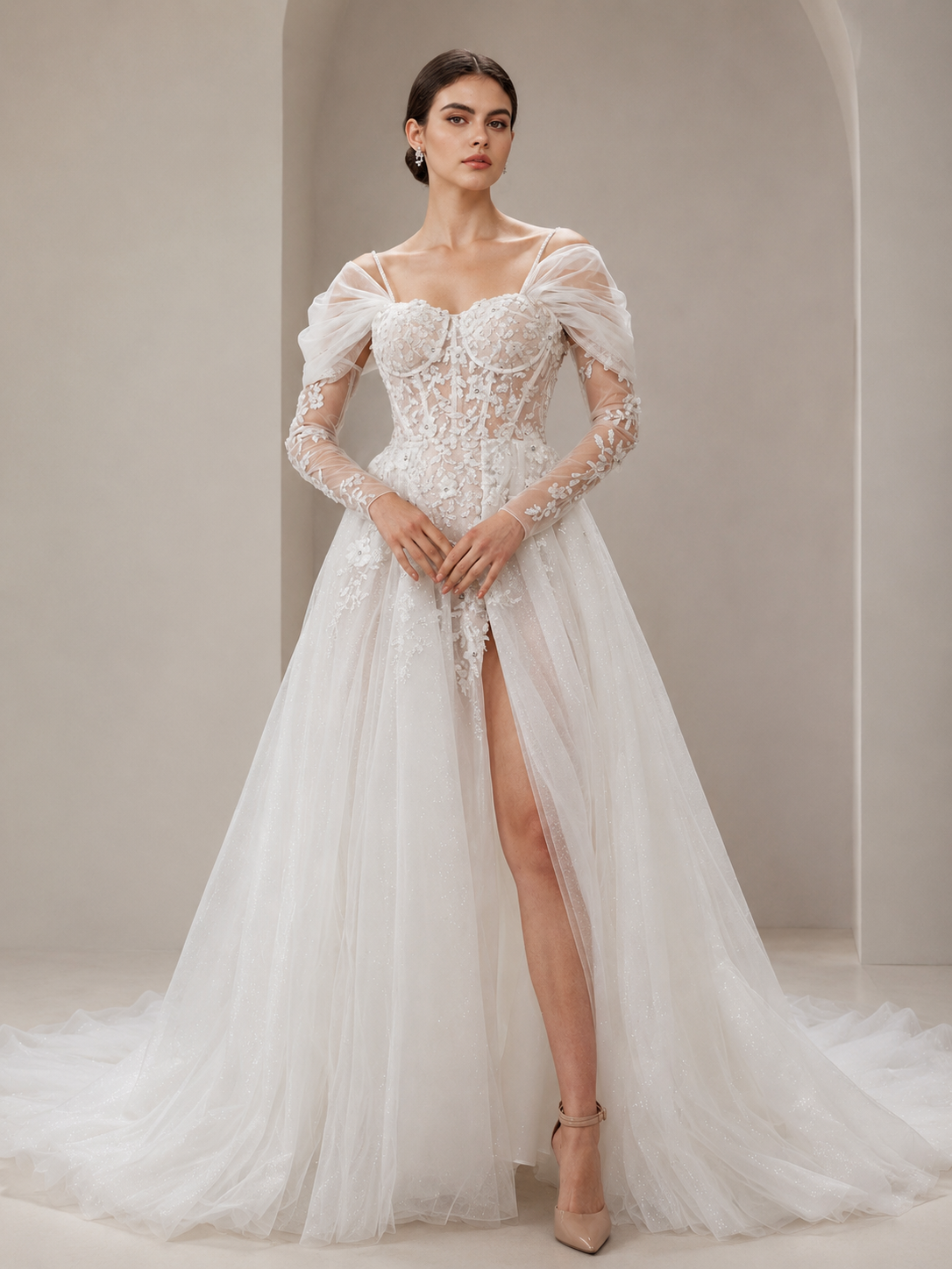 White Corset-Bodice Glitter Tulle High Slit A-Line Wedding Dress 
