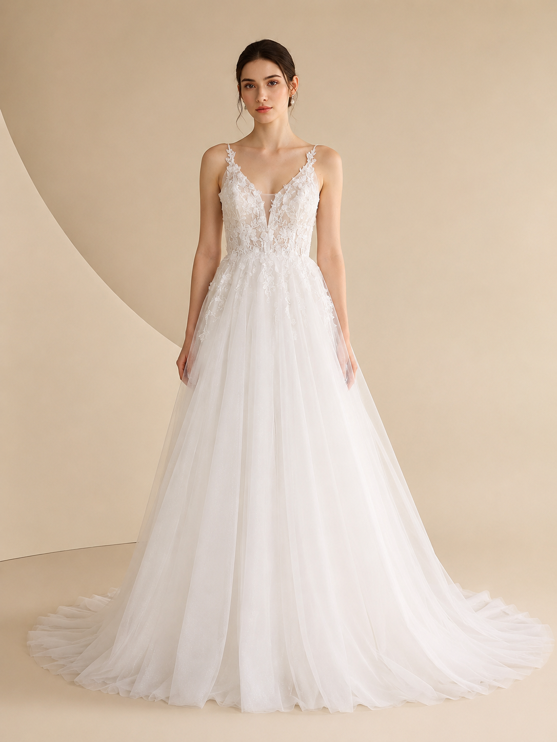 White V-Neck Spaghetti-Strap Lace Appliqué A-Line Wedding Dress 