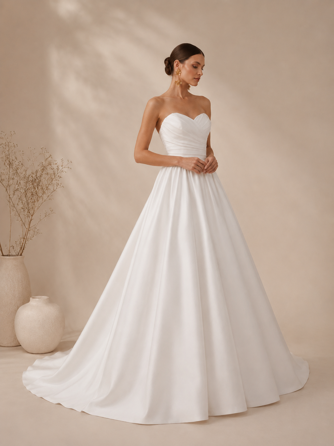 White Sweetheart Strapless Ruched Satin A-Line Wedding Dress 