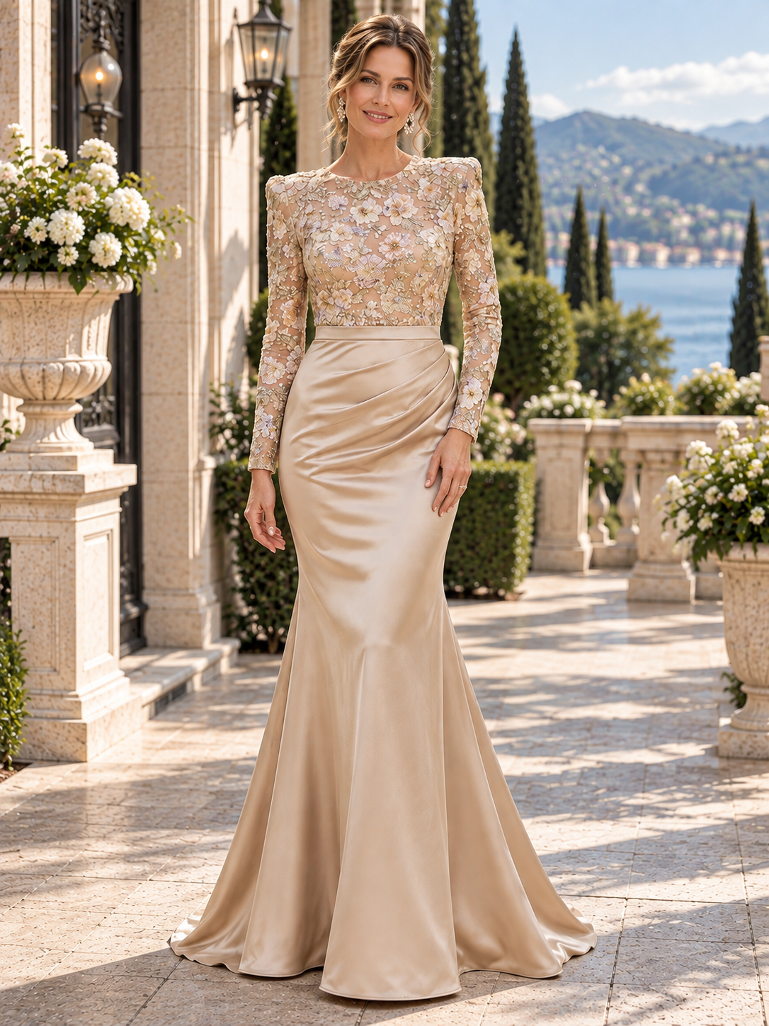 Champagne Sheer Floral Embroidered Long Sleeve Satin Mermaid Mother of the Bride & Groom Dresses 