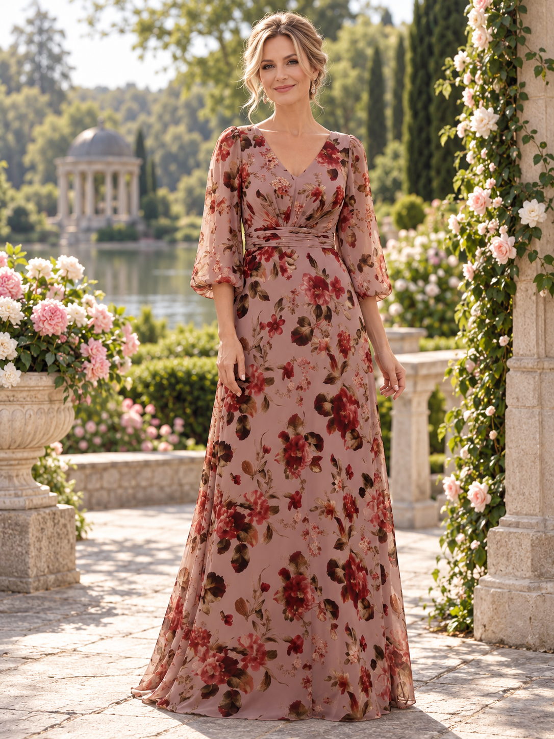 Romantic Dusty Rose Floral Chiffon V-Neck A-Line Mother of the Bride & Groom Dresses 