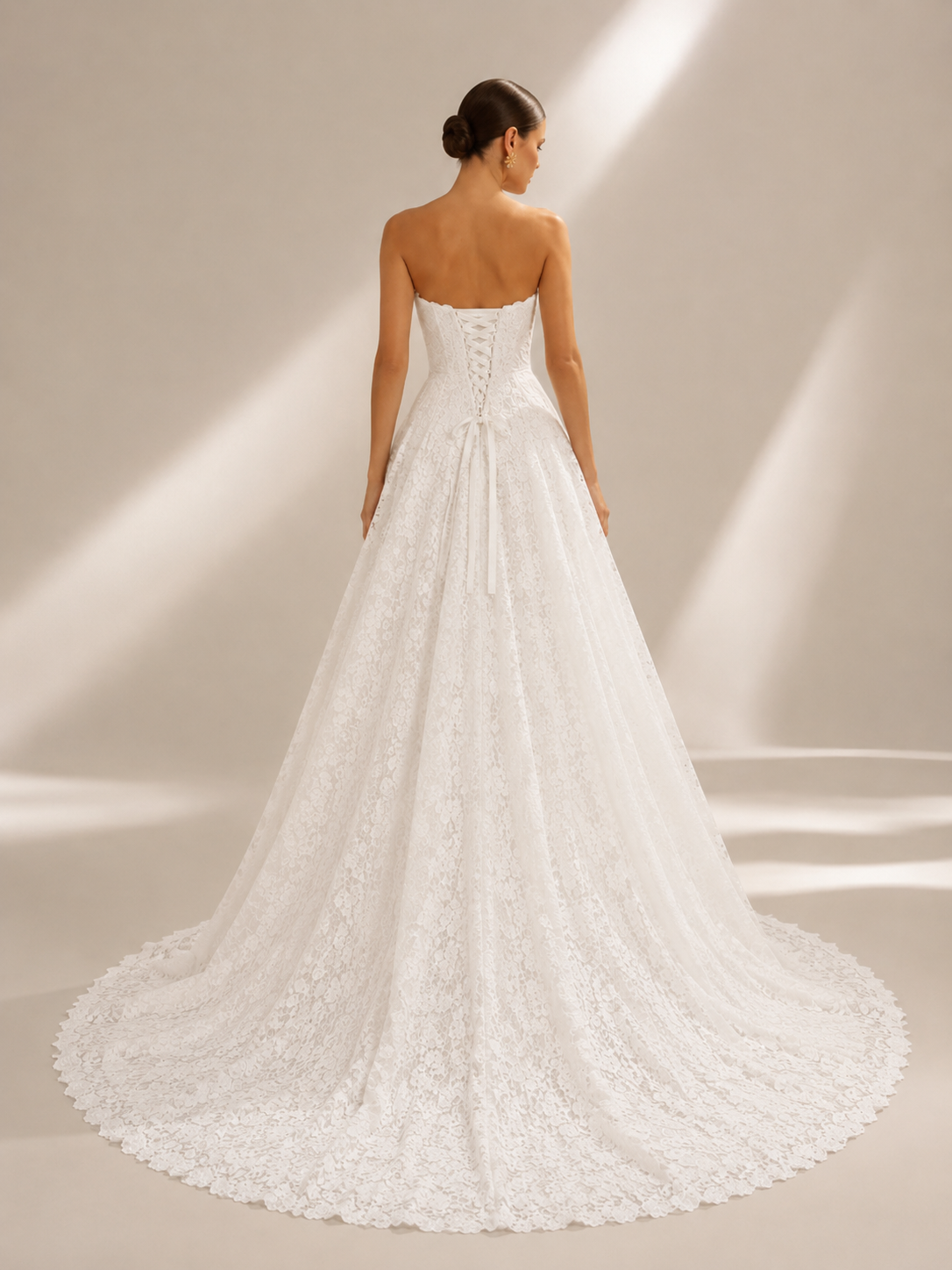 White Sweetheart Strapless Lace A-Line Wedding Dress 