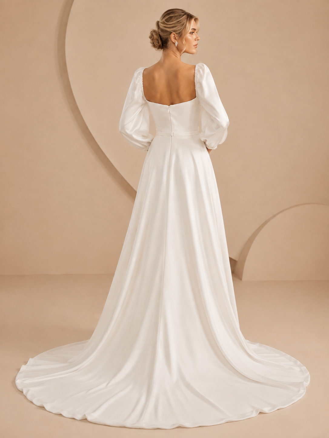 White Square-Neck Satin Long-Sleeve High Slit A-Line Wedding Dress 