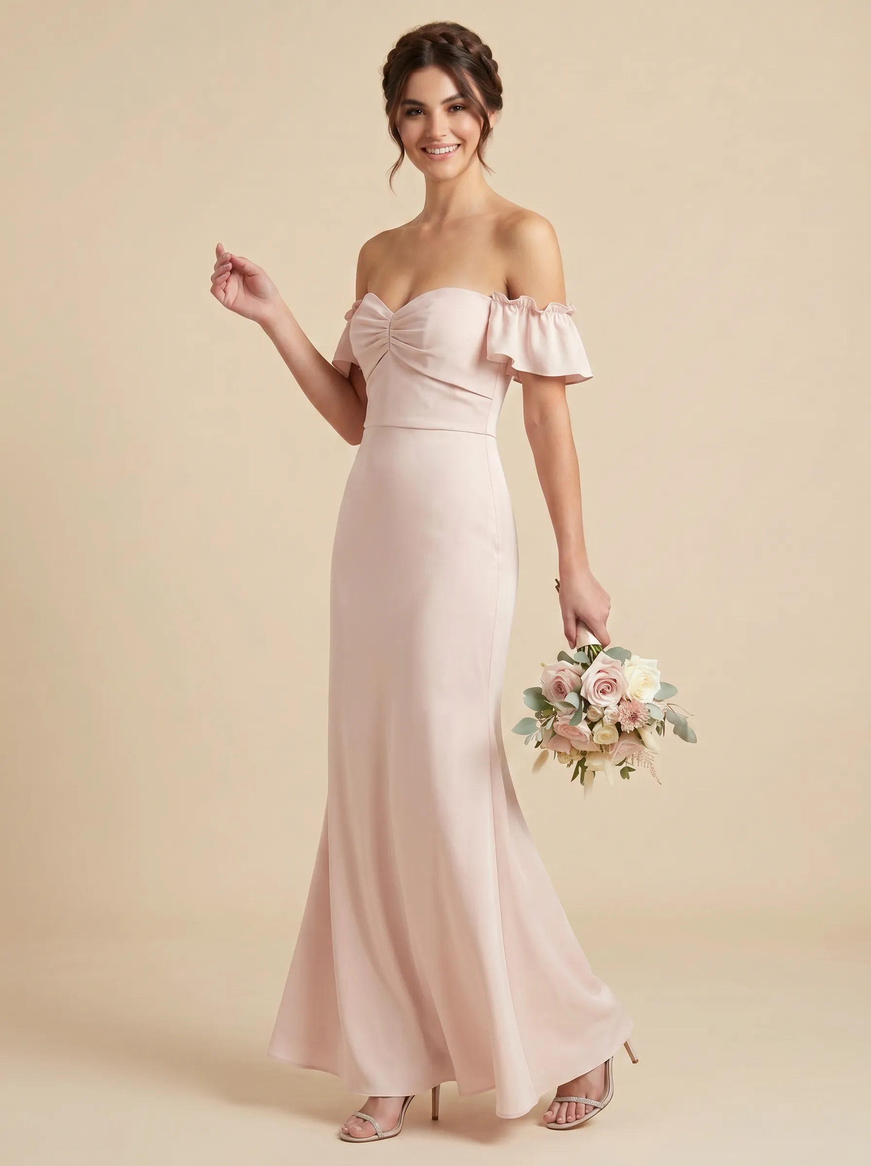 Blush Pink Off-the-Shoulder Ruffle Sleeve Bridesmaid Dress