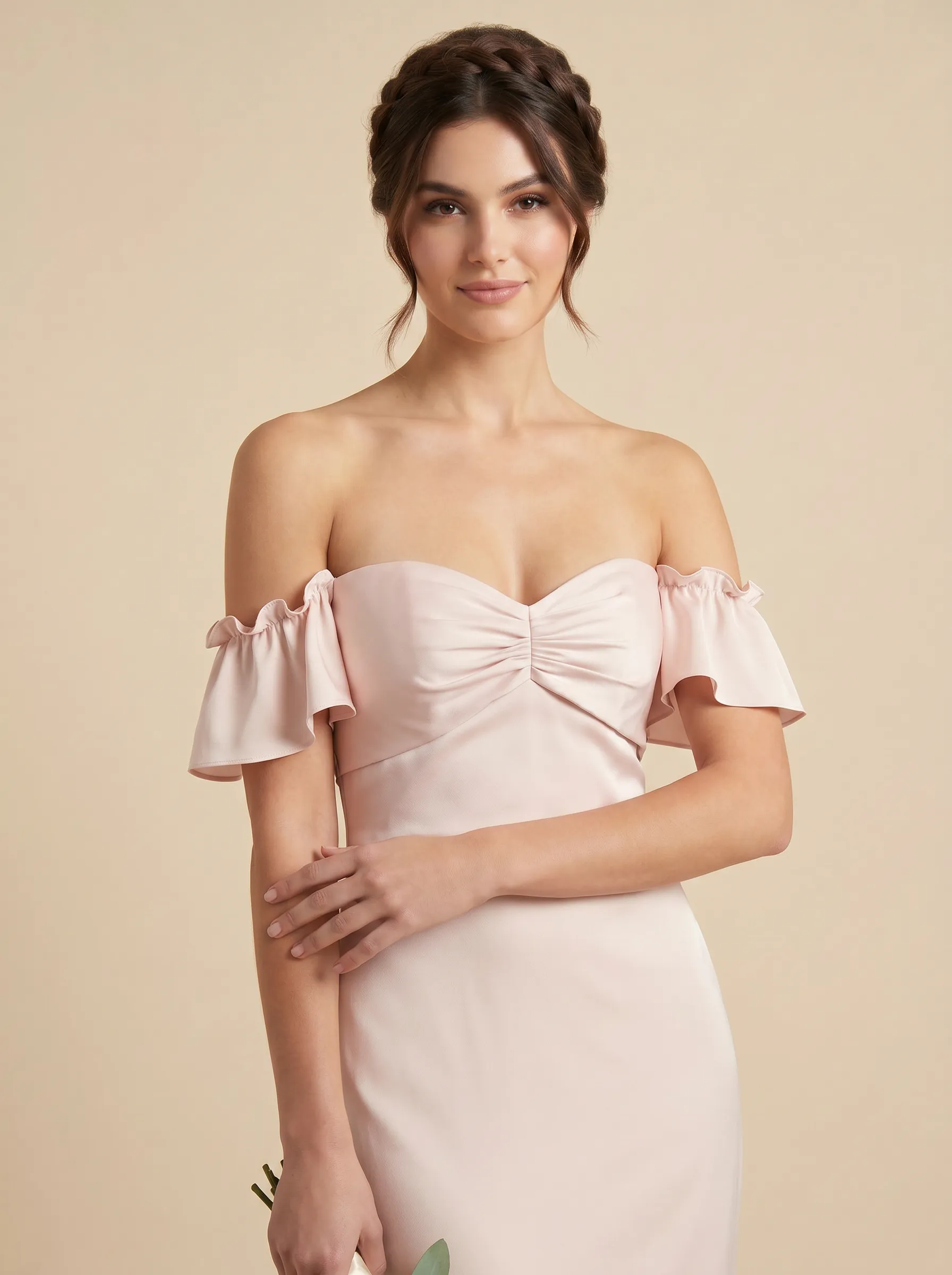 Blush Pink Off-the-Shoulder Ruffle Sleeve Bridesmaid Dress