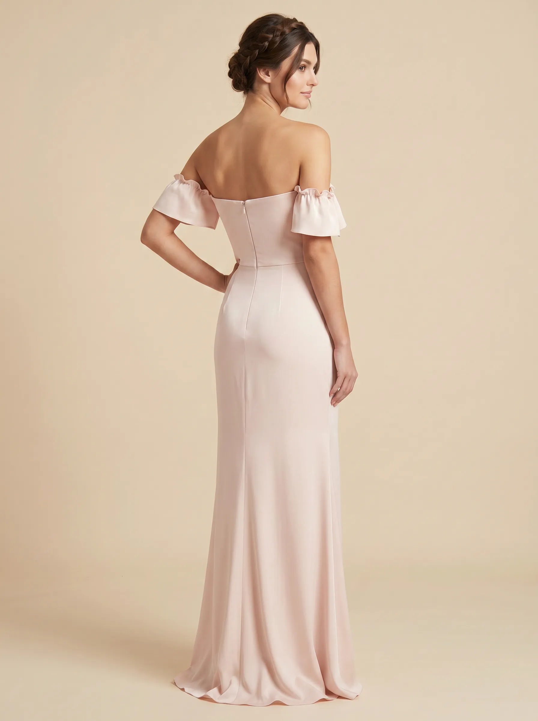 Blush Pink Off-the-Shoulder Ruffle Sleeve Bridesmaid Dress