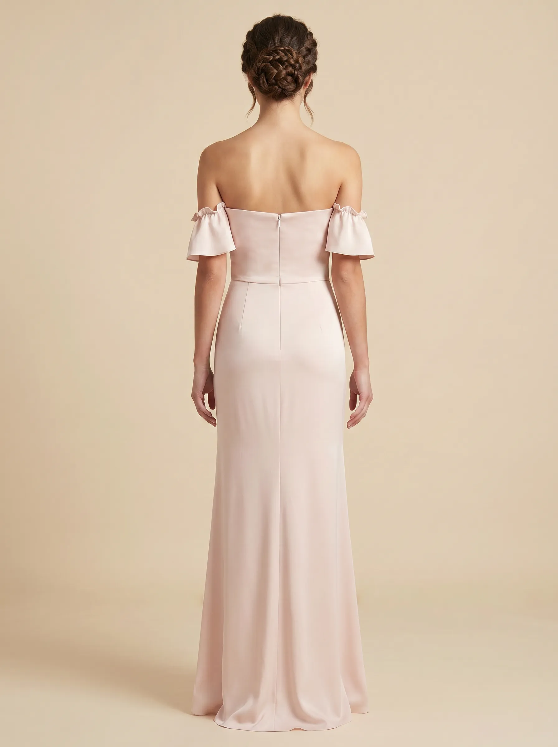 Blush Pink Off-the-Shoulder Ruffle Sleeve Bridesmaid Dress