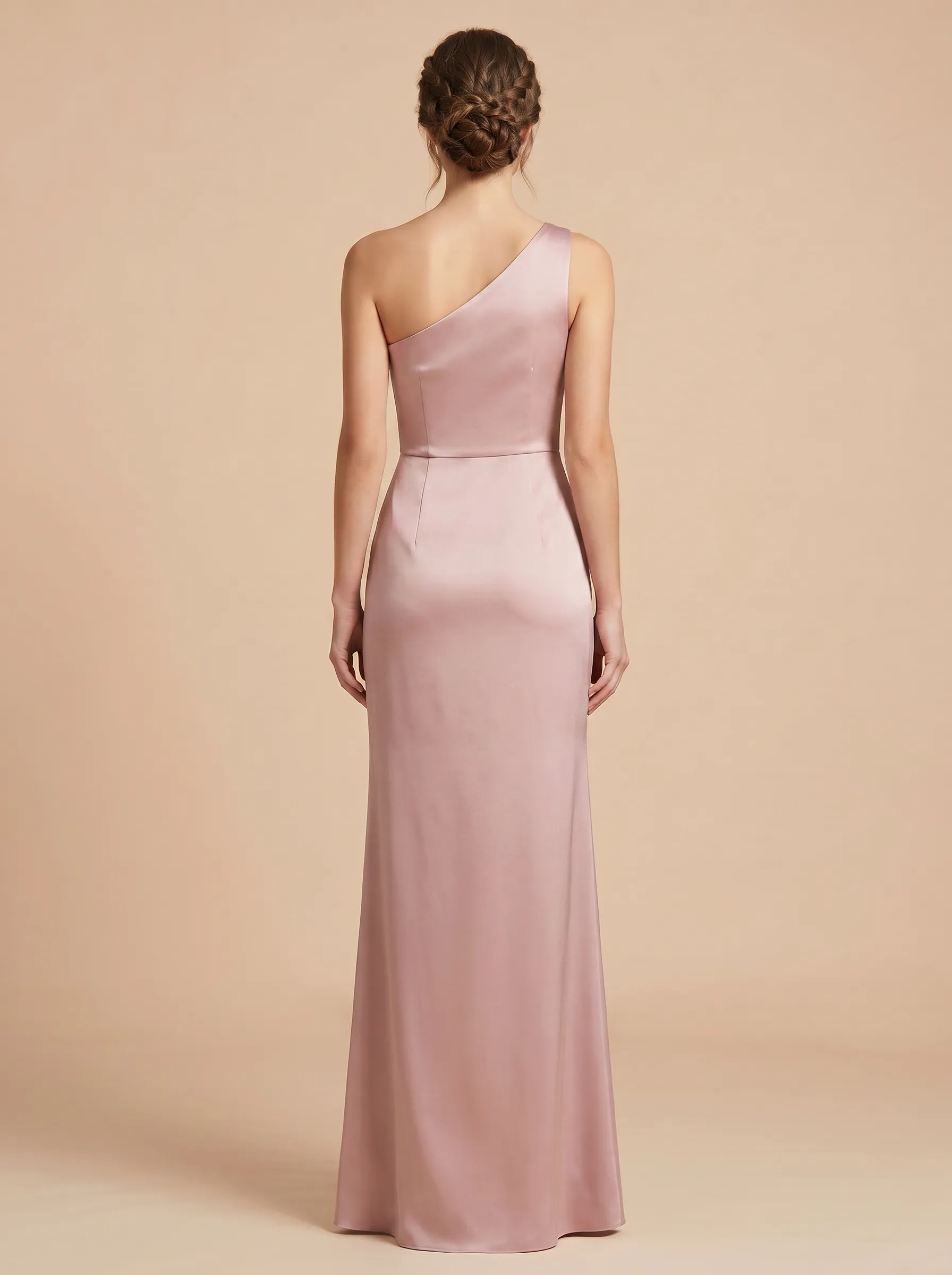 Dusty Rose One-Shoulder Satin Mermaid Bridesmaid Dress with Slit