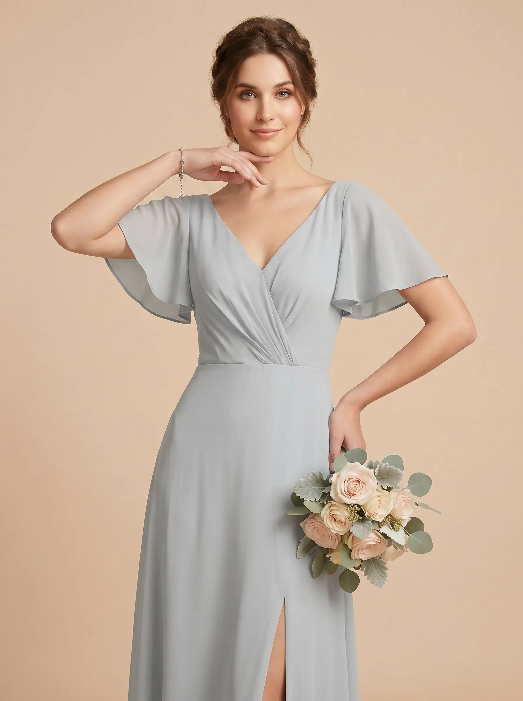 Dusty Blue V-Neck Flutter Sleeve Chiffon Bridesmaid Dress with Slit & Tie-Back