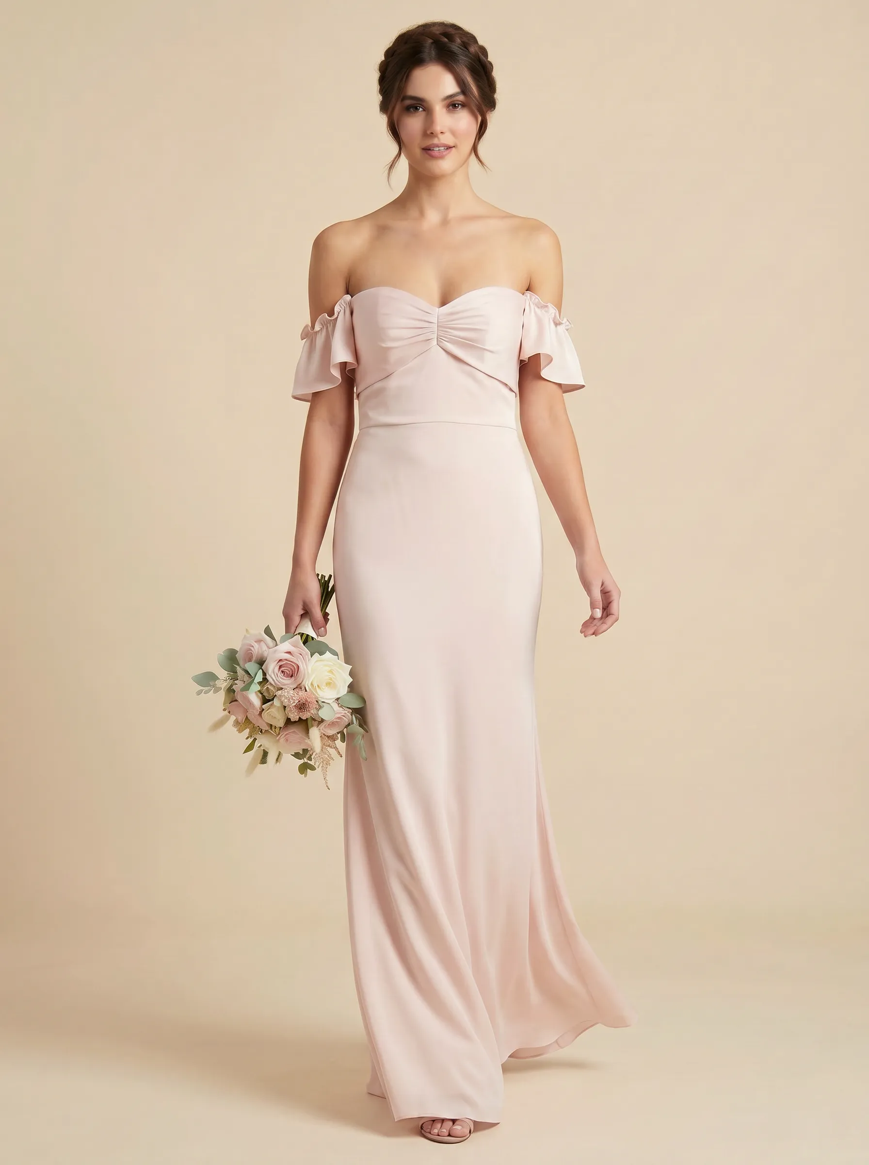 Blush Pink Off-the-Shoulder Ruffle Sleeve Bridesmaid Dress