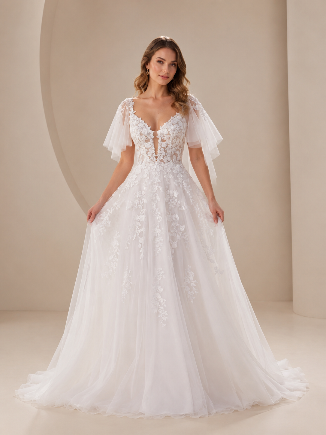 White Plunging V-Neck Flowing Cape-Sleeve A-Line Wedding Dress 
