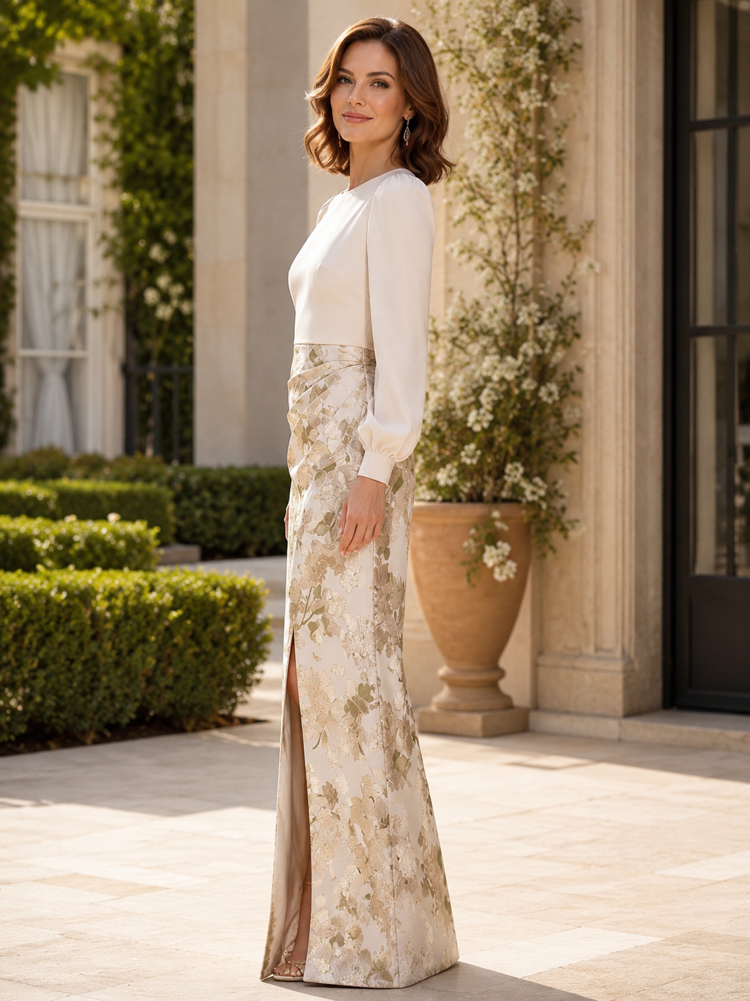 Champagne Brocade Long-Sleeve High Slit Sheath Maxi Mother of the Bride & Groom Dresses 