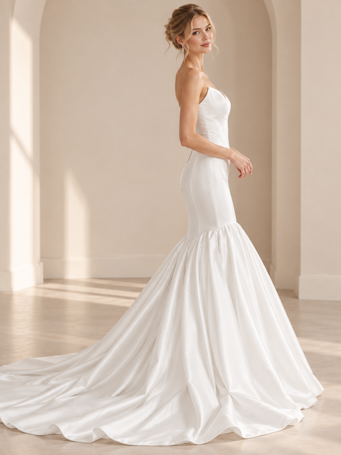 Ivory Sculpted Satin Strapless Sweetheart Mermaid Wedding Dress 