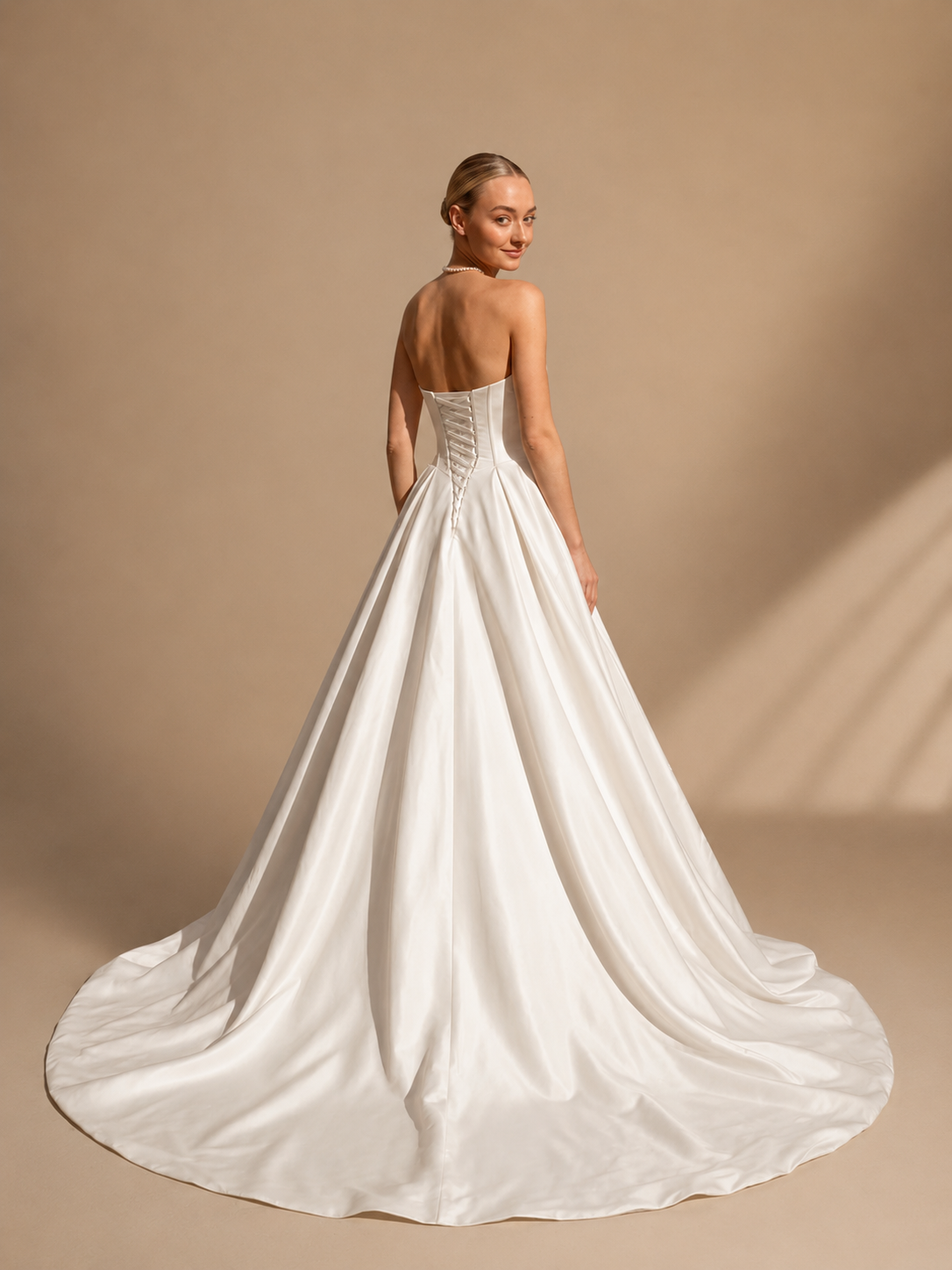 White Strapless Sweetheart Draped Bust Satin A-Line Wedding Dress 