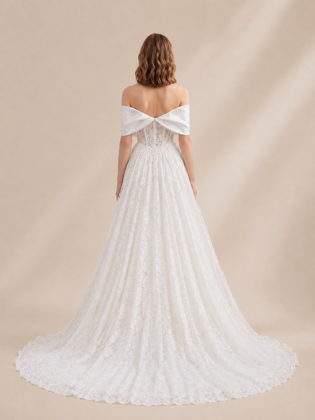 White Off-the-Shoulder Lace Corset A-Line Maxi Wedding Dress 