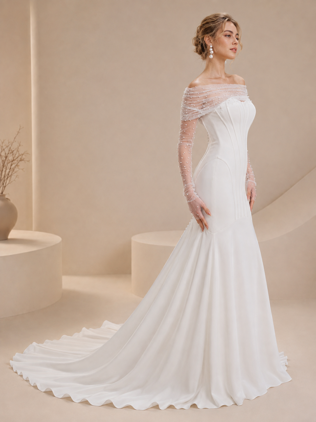 White Off-the-Shoulder Sweetheart Draped Satin Mermaid Wedding Dress 