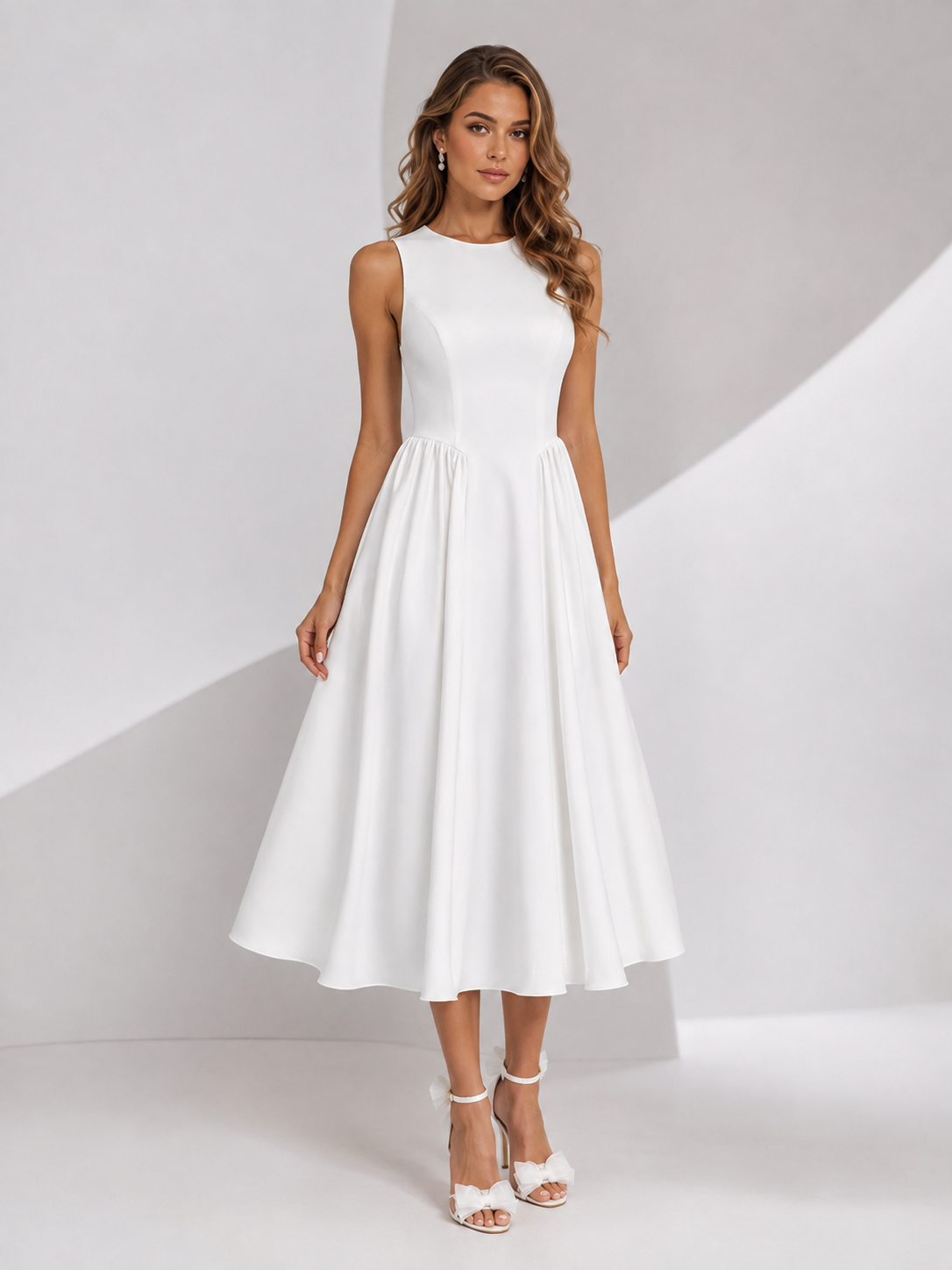 White A-Line with Pockets Crepe Back Satin Midi Wedding Dress