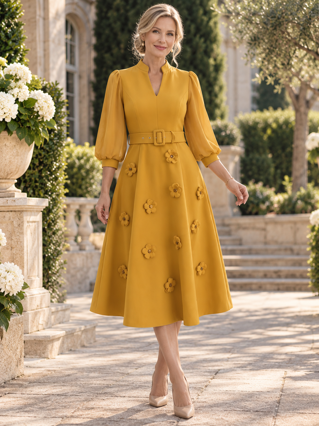 Mustard Yellow Belted 3D Floral V-Neck A-Line Midi Mother of the Bride & Groom Dresses 