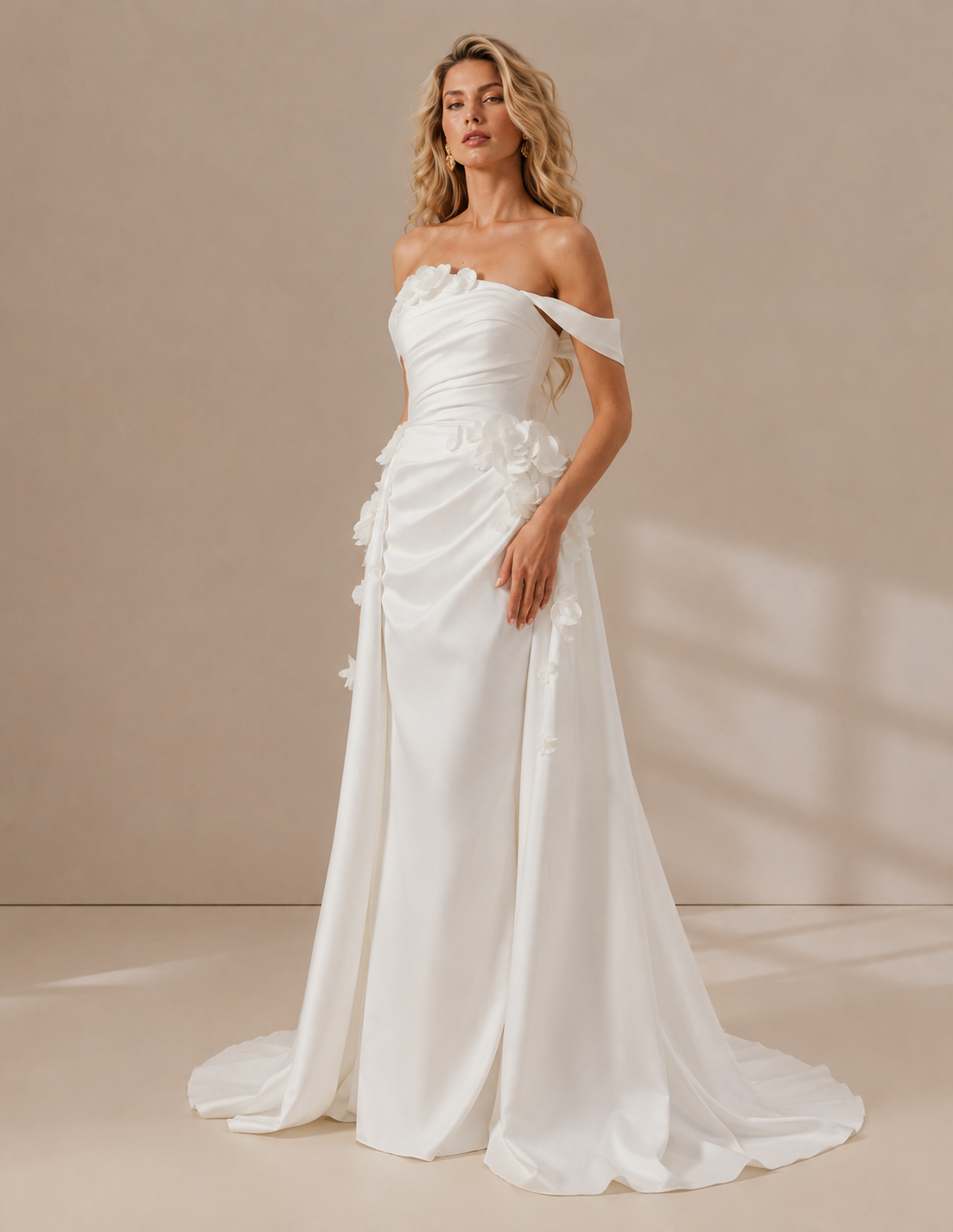 White Floral-Accented Off-the-Shoulder A-Line Wedding Dress