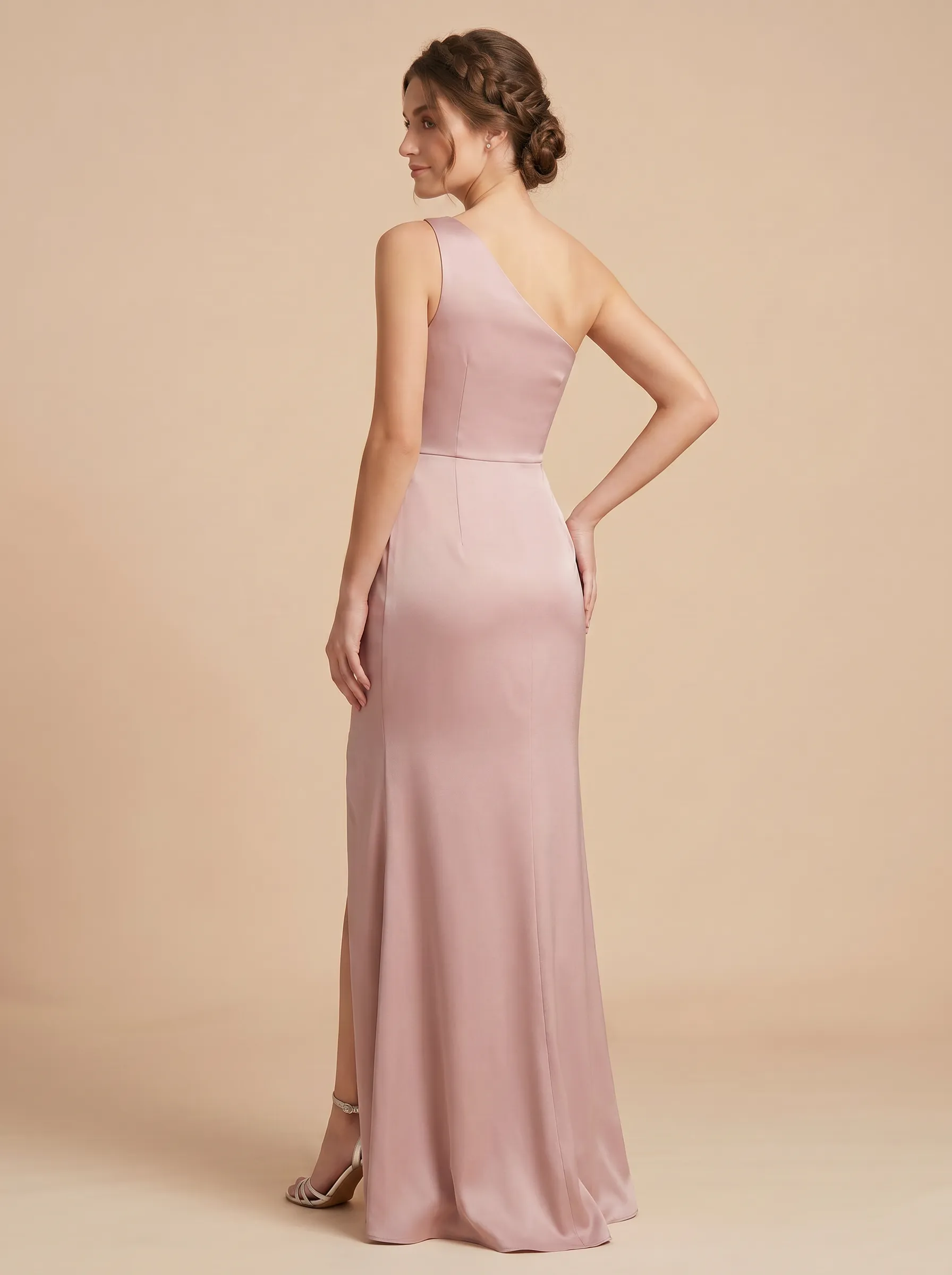 Dusty Rose One-Shoulder Satin Mermaid Bridesmaid Dress with Slit