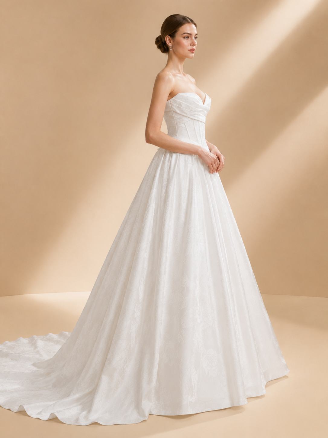 White Strapless Sweetheart Corset Floral Jacquard A-Line Wedding Dress 