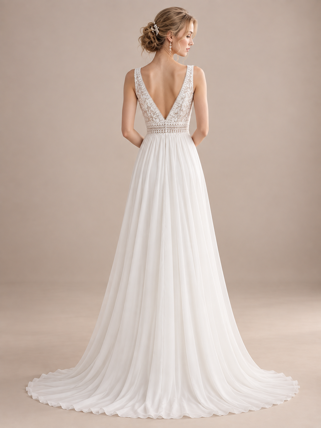 Luminous Ivory V-Neck Chiffon Slit Sleeveless A-Line Maxi Wedding Dress 