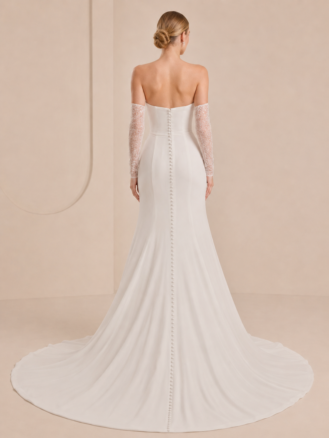 White Draped Sweetheart Crepe Mermaid Wedding Dress with Matching Lace Gloves 