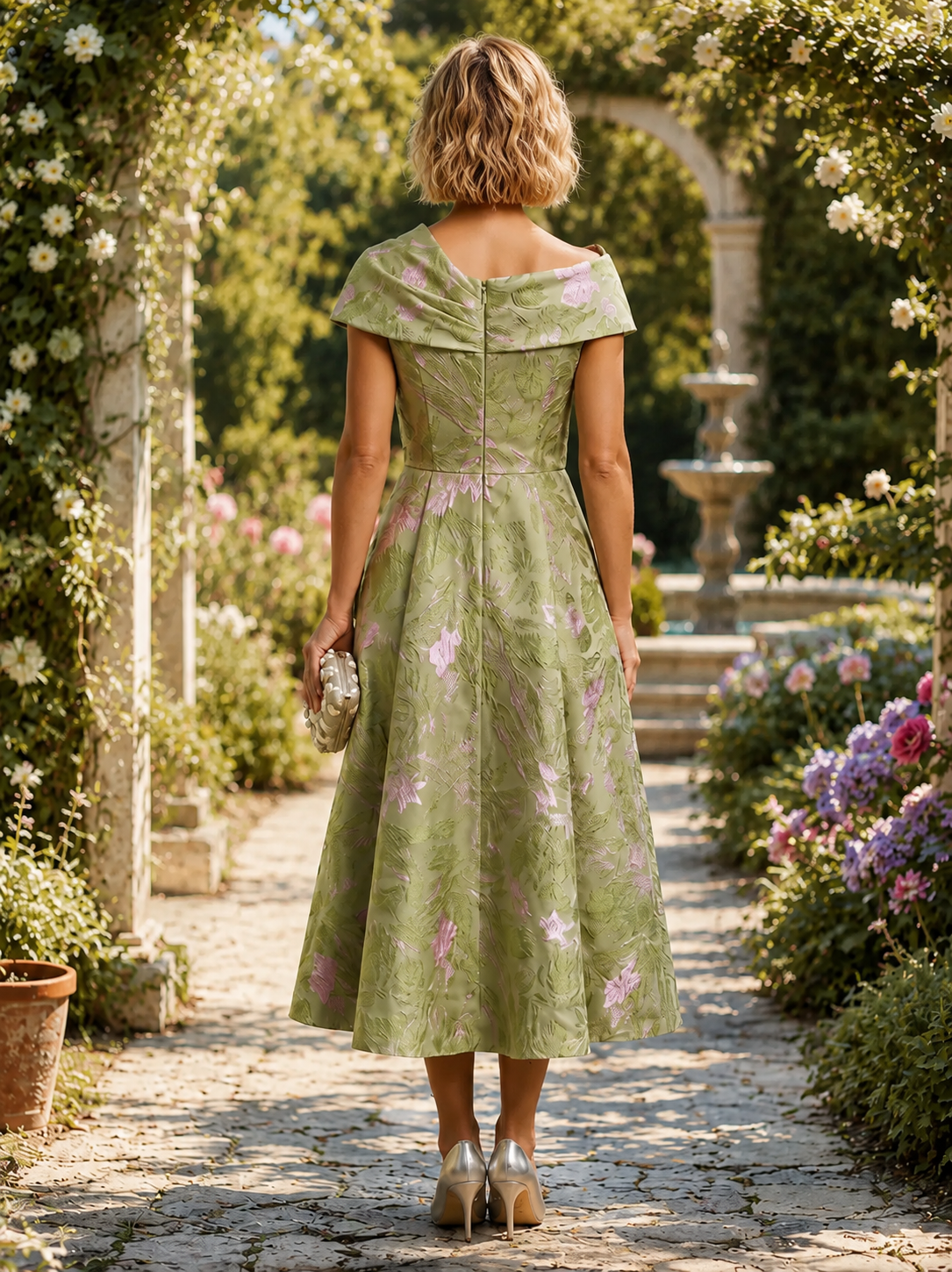 Green Jacquard A-Line Asymmetric Neck Mother of the Bride & Groom Dresses with Pockets