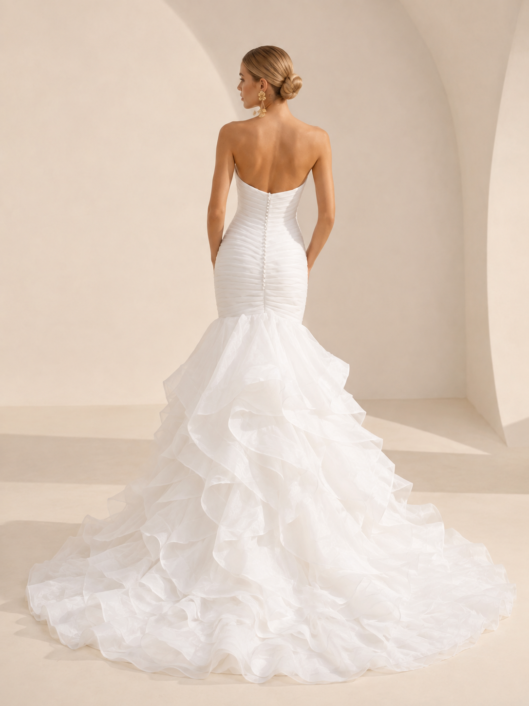 White Sweetheart Strapless Ruched Mermaid Wedding Dress with Ruffled Organza Train