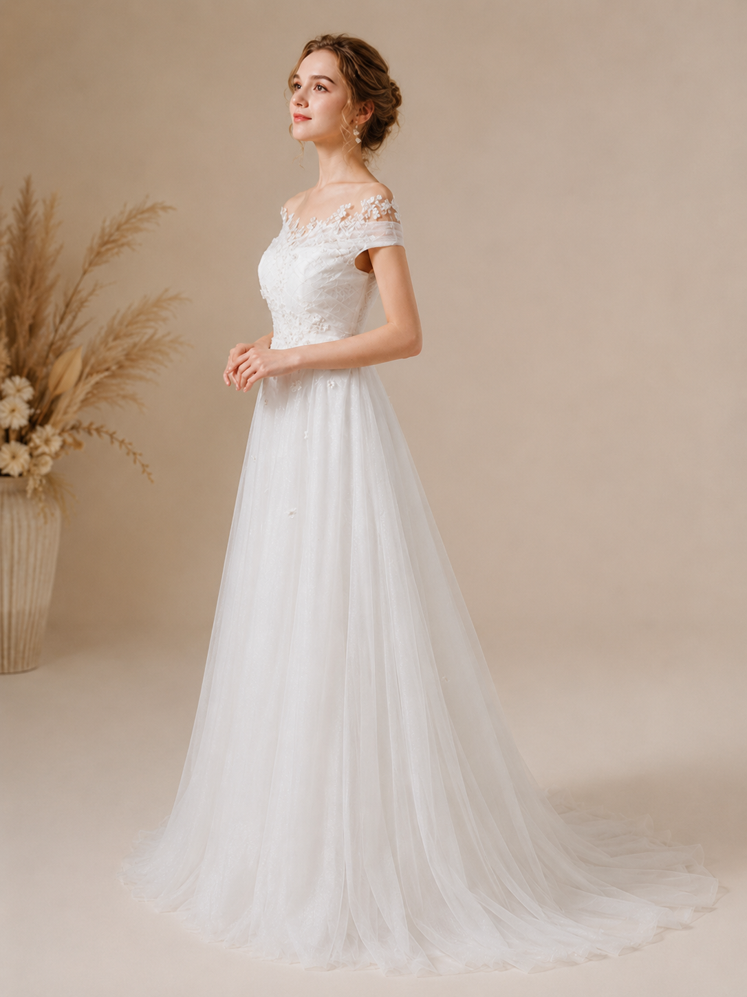 White Off-the-Shoulder Sweetheart Tulle Lace A-Line Maxi Wedding Dress 