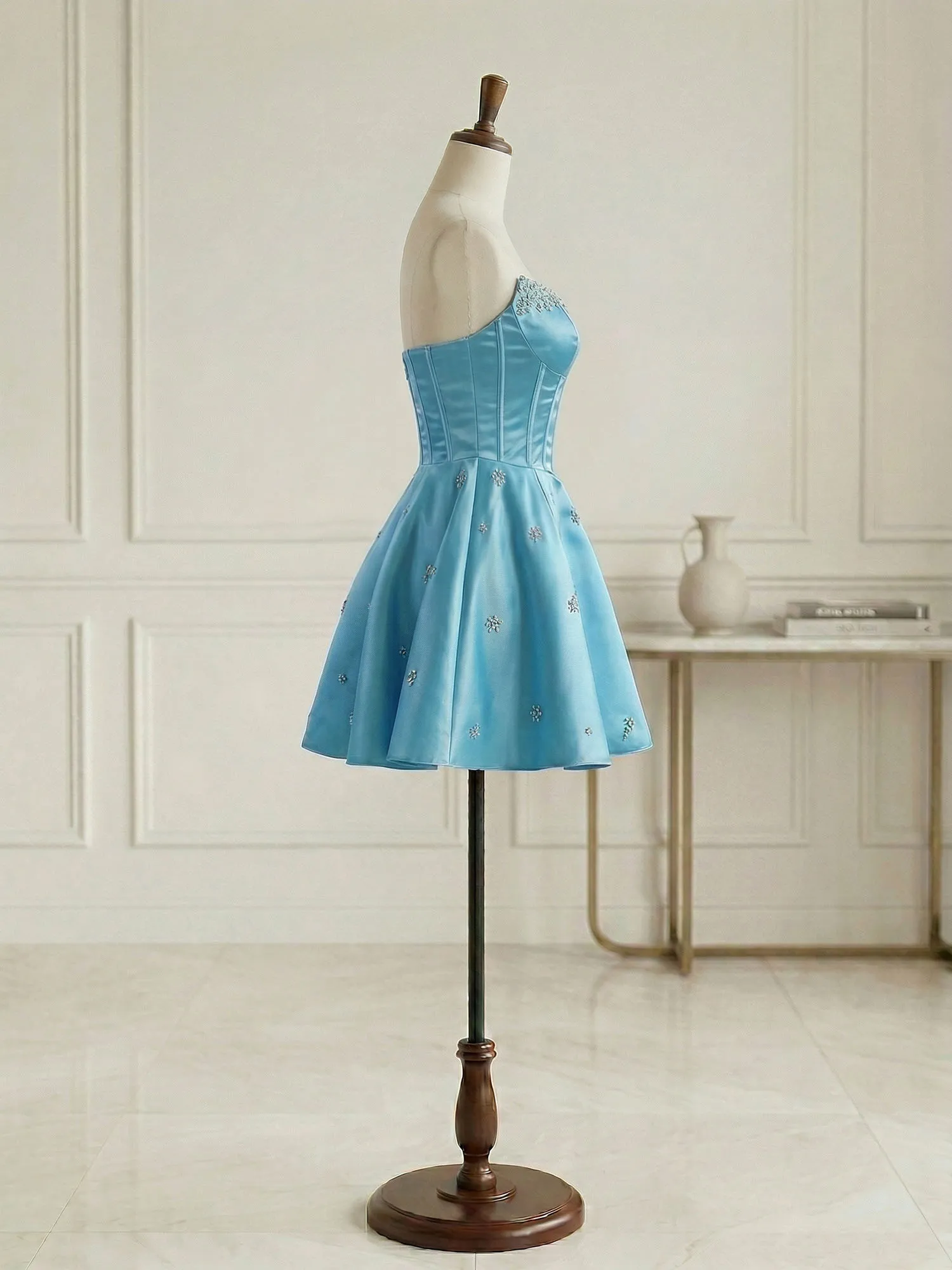 Strapless Beaded Corset Lace-Up Back Satin Homecoming Dress