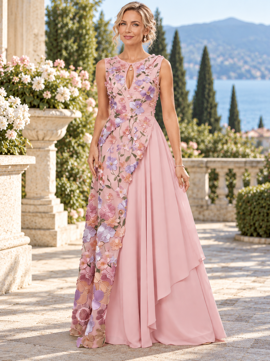 Dusty Pink Keyhole Floral Embroidered Asymmetrical A-Line Maxi Mother of the Bride & Groom Dresses 