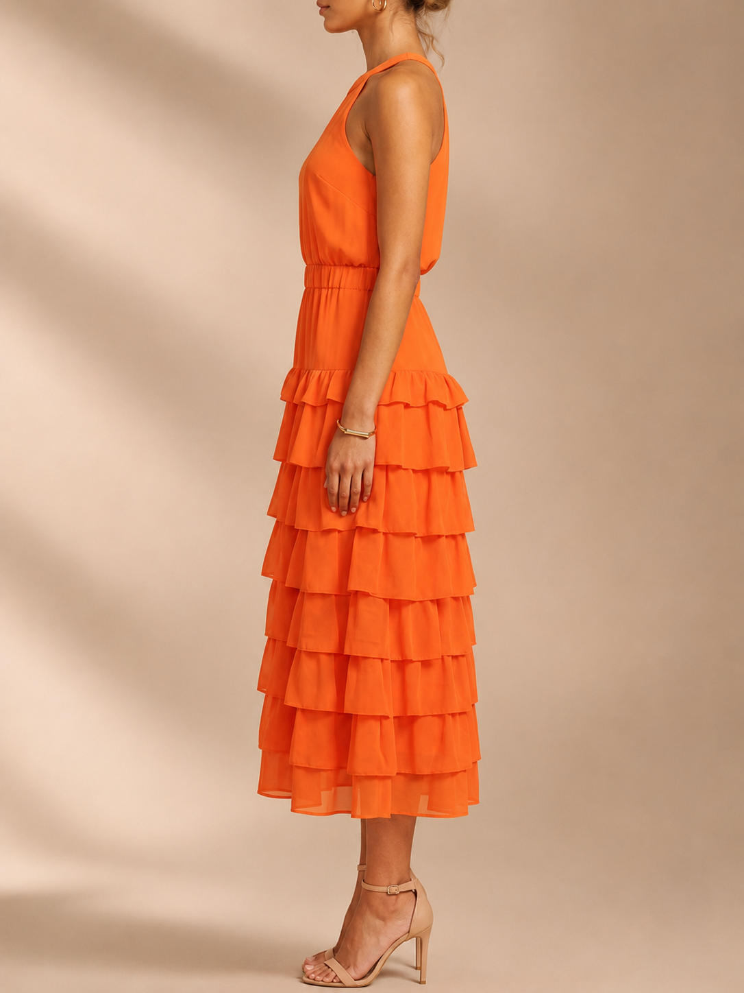 Vibrant Orange Sleeveless Tangerine Halter Neck Tiered Midi Evening Gown Dress 