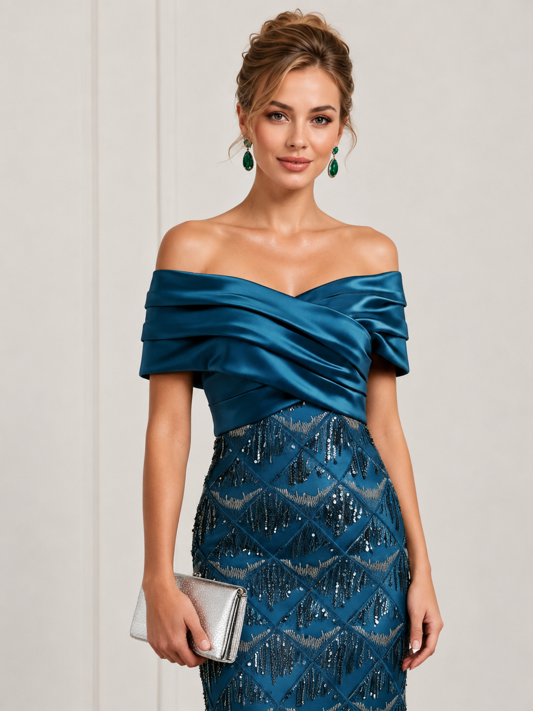 Peacock Blue Folded Off-the-shoulder Sequin Sheath Midi Evening Gown Dress