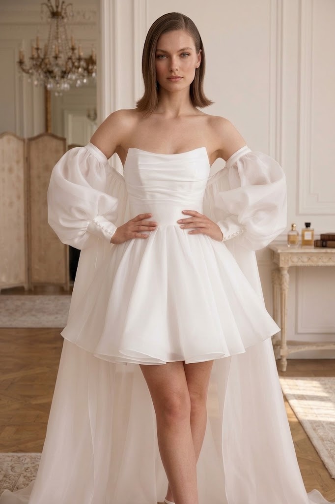 White Strapless Tulle A-Line Mini Wedding Dress with Cape