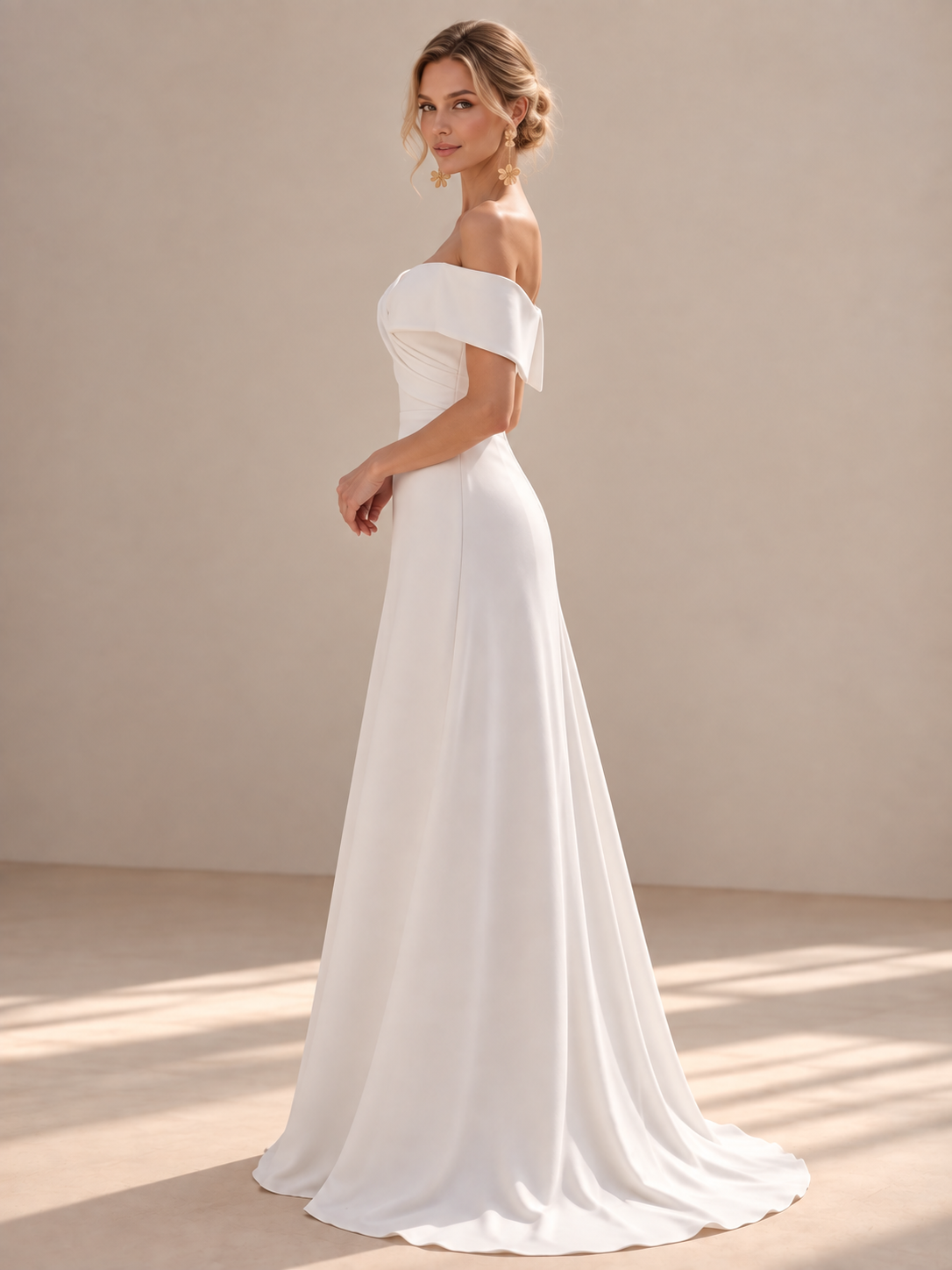 Ivory Off-the-Shoulder Satin A-Line Wedding Dress 