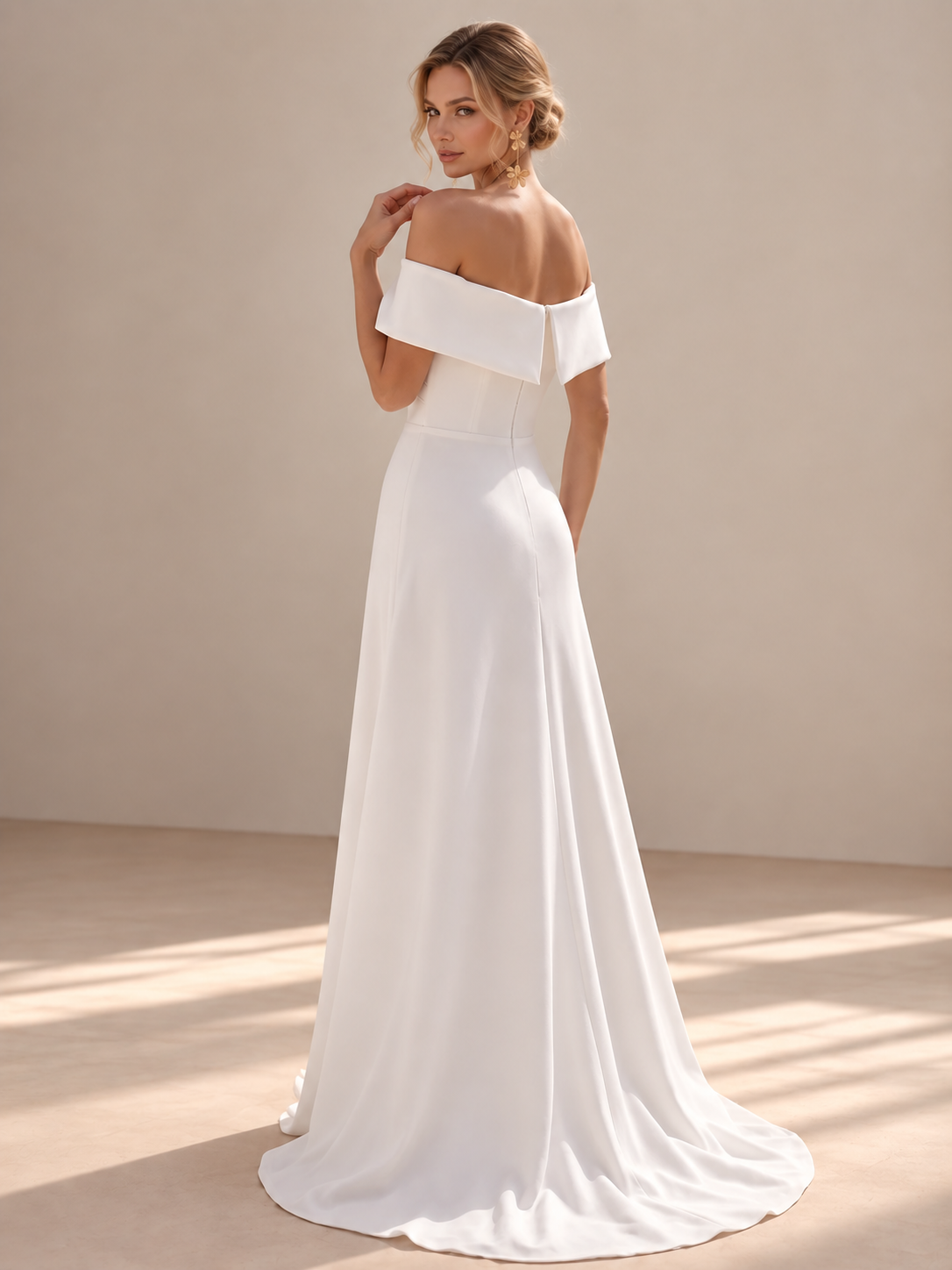 Ivory Off-the-Shoulder Satin A-Line Wedding Dress 