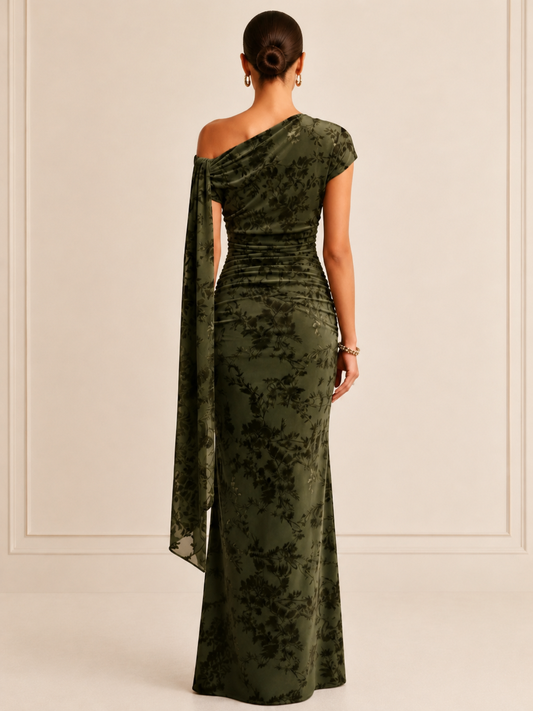 Olive Green Velvet Floral Draped One-Shoulder Sheath Maxi Evening Gown Dress