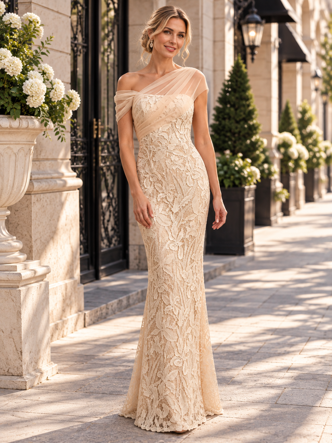 Beige Mesh Lace Asymmetrical One Shoulder Mermaid Maxi Evening Gown Dress 